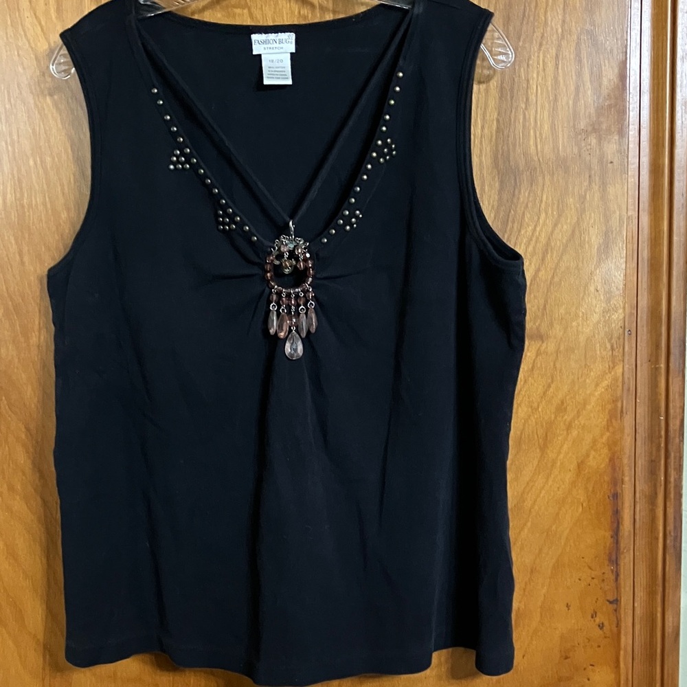 Fashion Bug Black Sleeveless V-Neck Tank with Pendant Detail